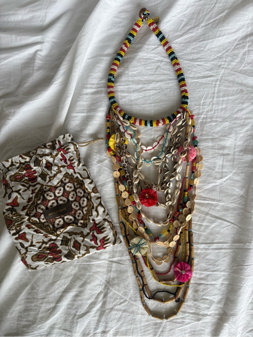 Maliparmi Multicolor Beaded Statement Necklace with Shells and Fabric Flowers